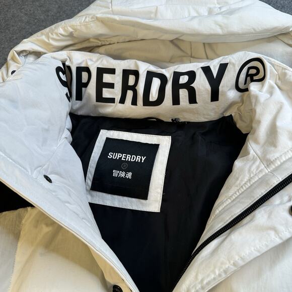 Superdry Mens Mountain Sport Hooded Box Quilt Puffer Jacket White Black W/Marks - Picture 3 of 15